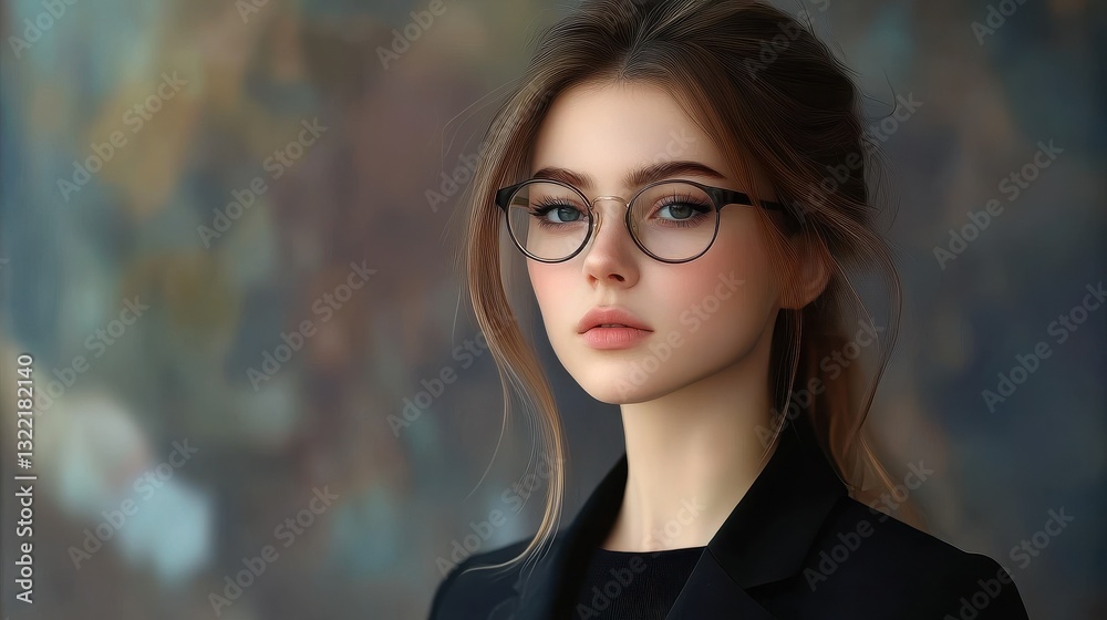 Fototapeta premium Young woman wearing glasses and black blazer with a blurred background