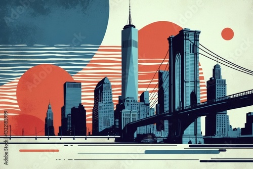 Modern skyline of New York City with iconic bridges and vibrant color contrasts at dusk
