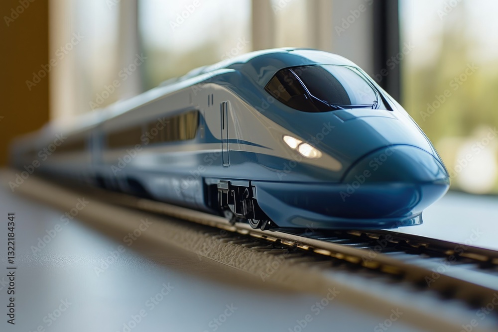 Obraz premium A sleek, blue high-speed train model runs on a miniature track, showcasing exquisite detail and modern design.