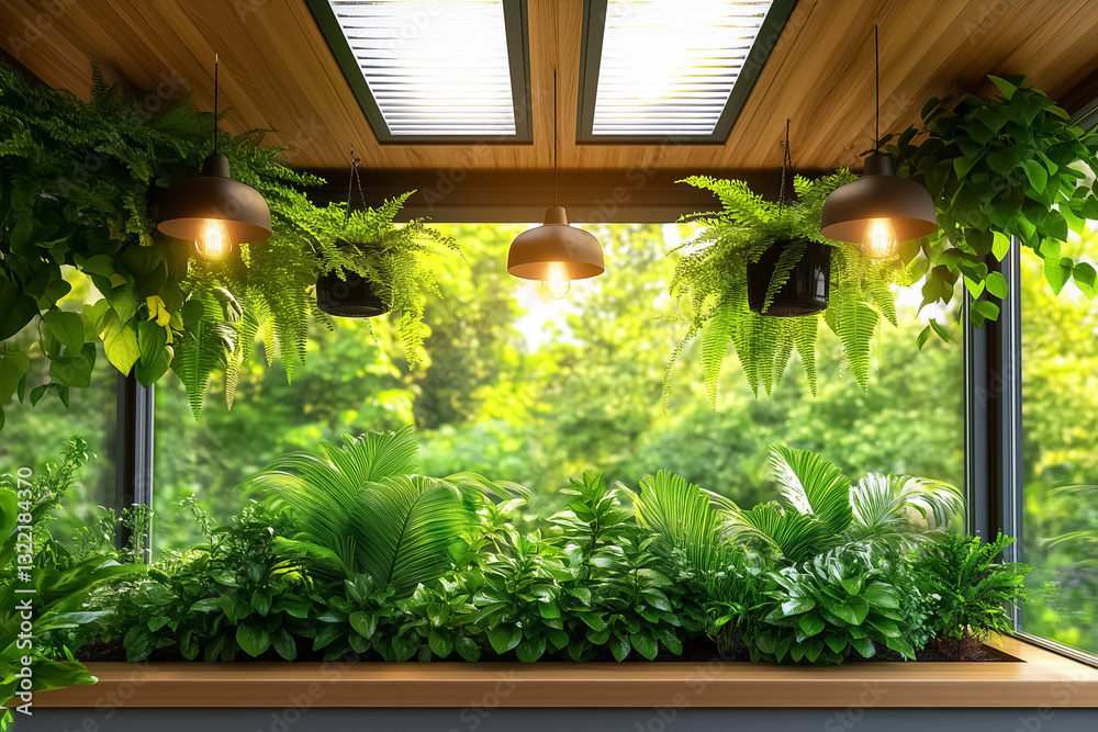 Fototapeta premium Advanced air circulation system maximizes airflow through open ceiling vents in a greenhouse, facilitating healthy plant growth in a lush, green environment filled with various foliage