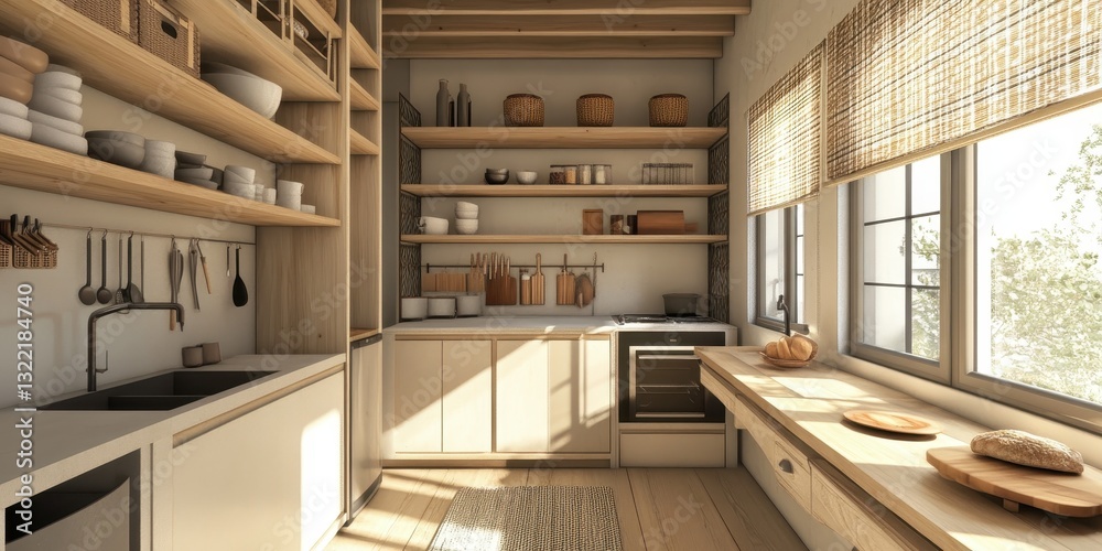 Fototapeta premium Cozy kitchen interior with shelves and wooden countertop surfaces