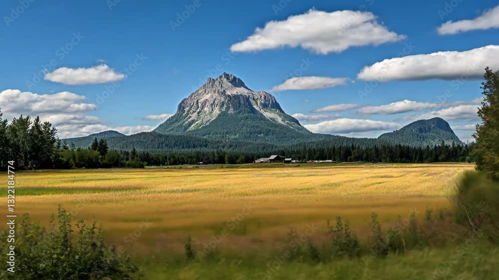 Majestic mountain rises over golden fields under a blue sky with fluffy clouds in a serene landscape Majestic mountain rises over golden fields under a blue sky with fluffy clouds in a serene landscape