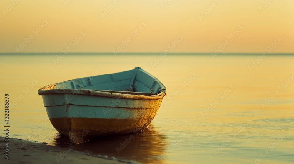 Naklejka premium A solitary boat rests on golden sands by the shoreline, bathed in soft morning light, evoking solitude and reflection.