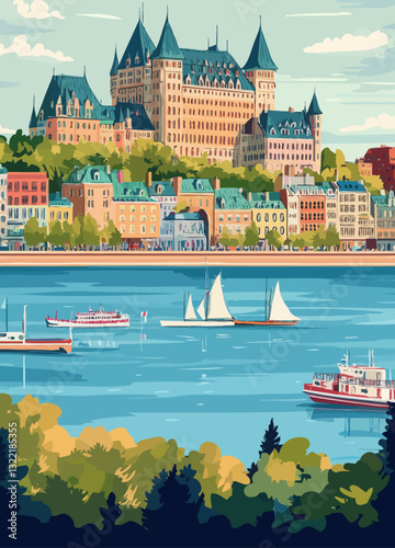 Retro Quebec Travel Poster with Chateau Frontenac Illustration for Summer Holidays