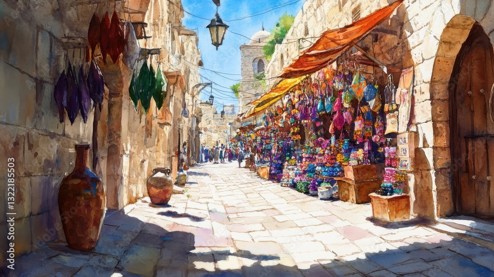 Fototapeta premium Watercolor illustration of Jerusalem street. Vibrant view of the souvenir market in the old city, filled with colorful trinkets and historic charm.