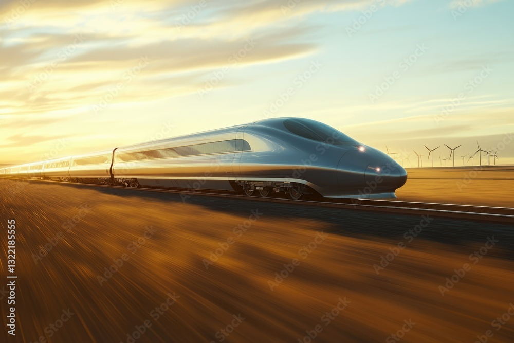 Obraz premium High-speed train speeding across a desert landscape at sunset, powered by renewable energy.