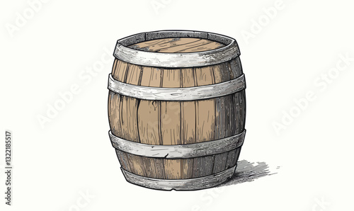 Vintage Wood Barrel Sketch in Minimalist Engraving Style Vector Illustration