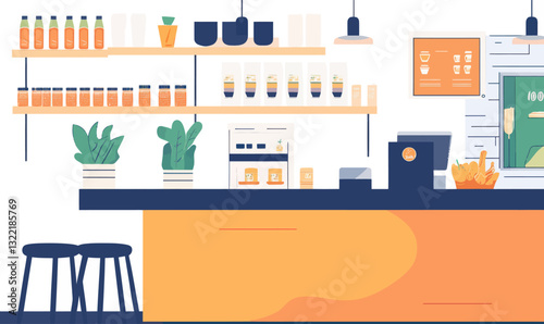 Minimalist Supermarket Interior Counter with Products and Plants Vector Illustration