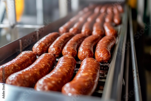 Fresh sausages are neatly arranged on a conveyor belt in a food processing plant, showcasing the careful preparation and production during a busy workday