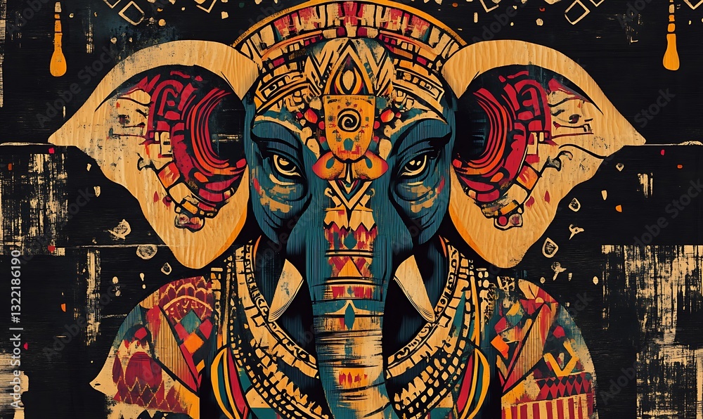 Naklejka premium A stylized painted portrait of an elephant with ornate details