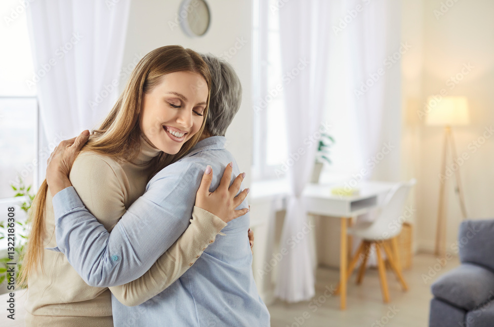 Kind loving affectionate young granddaughter and elderly grandma close hug, cuddling bonding at home, caring daughter happy with old senior mother enjoying tender moments showing love and care Kind loving affectionate young granddaughter and elderly grandma close hug, cuddling bonding at home, caring daughter happy with old senior mother enjoying tender moments showing love and care
