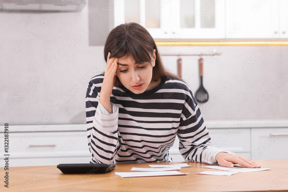 Paying bills. Upset woman with different invoices and calculator at wooden table indoors