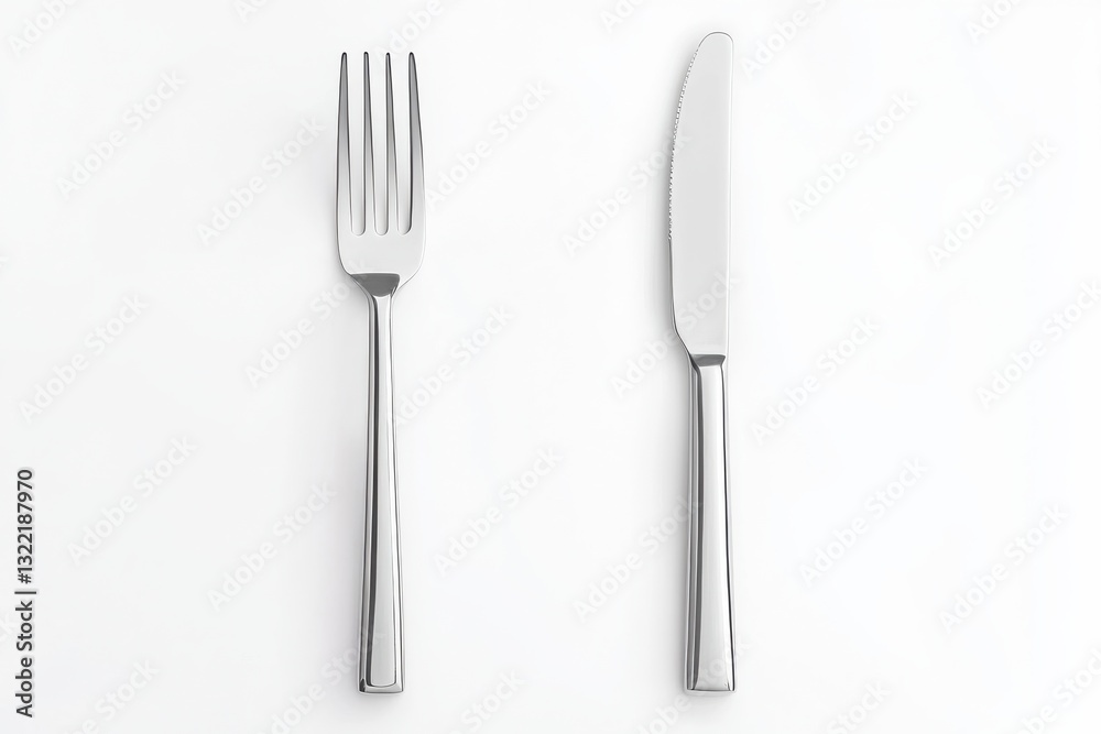 Stainless steel fork and knife set on white background with details Stainless steel fork and knife set on white background with details
