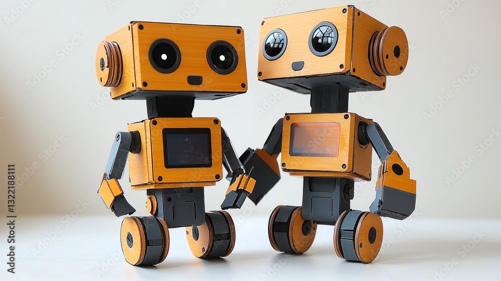 Fototapeta premium Adorable Wooden Robots: A Pair of Friendly Companions