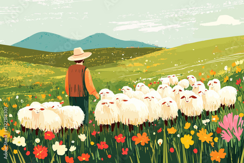 Shepherd with Sheep in Field
A farmer with a hat watches over a flock of sheep in a beautiful green meadow full of wildflowers.