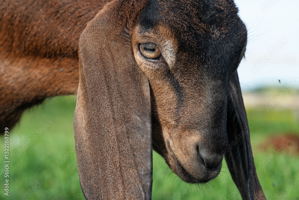 close up portrait of cute Nubian baby goat grazing at pasture at sunny summer day. rural farm life