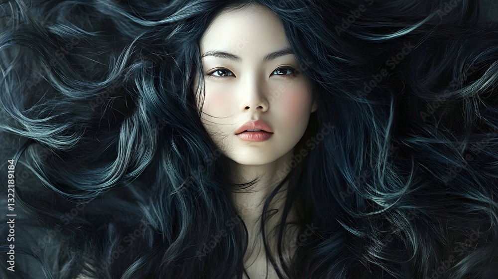 Fototapeta premium Woman with long black hair and a pale face. The hair is styled in a way that it looks like it is falling out of her head