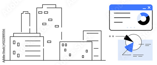 Cityscape with office buildings alongside analytics dashboard and charts. Ideal for business data, urban planning, real estate, corporate growth, market analysis, finance. Flat simple metaphor