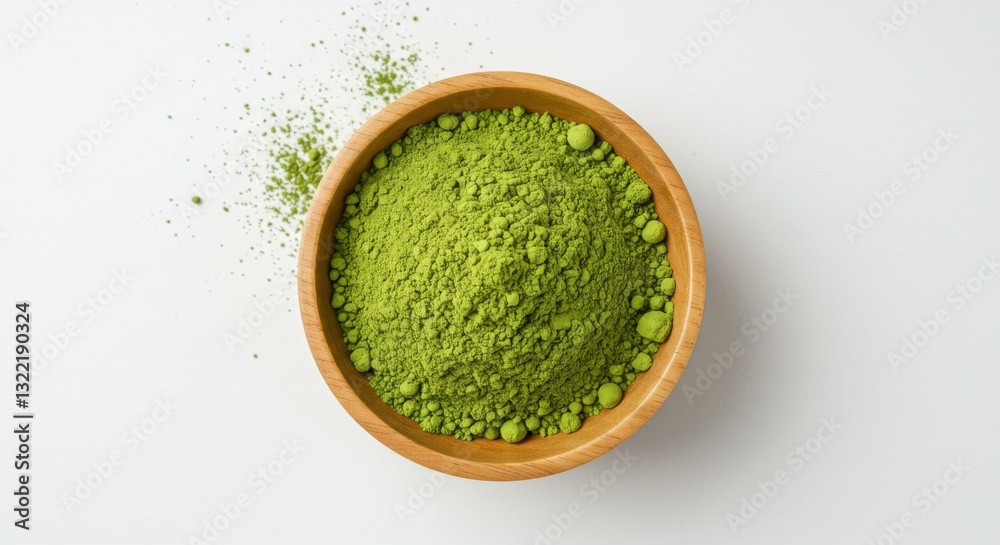 Matcha green tea powder, wooden bowl, white background, vibrant green color, fine powder texture, scattered powder, overhead view, minimalist composition, food photography, culinary ingredient, Japane Matcha green tea powder, wooden bowl, white background, vibrant green color, fine powder texture, scattered powder, overhead view, minimalist composition, food photography, culinary ingredient, Japane