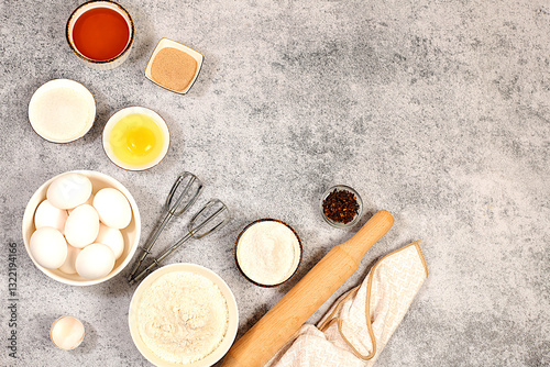 Wallpaper Mural Kitchen background of food preparation with space for text. Culinary ingredients for making pie and bread, recipe with eggs, flour, sugar, honey, cinnamon, yeast and butter. Modern bakery concept, Torontodigital.ca