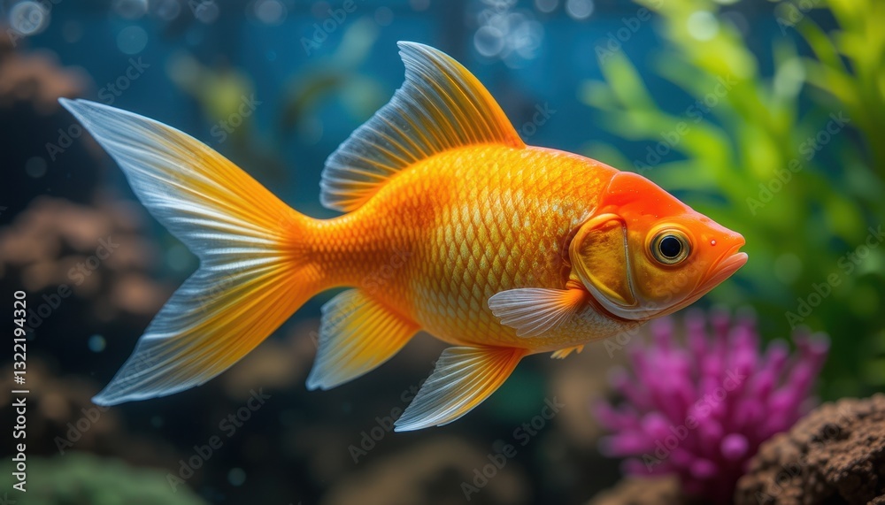 An Orange Goldfish Swims In An Aquarium Tank An Orange Goldfish Swims In An Aquarium Tank