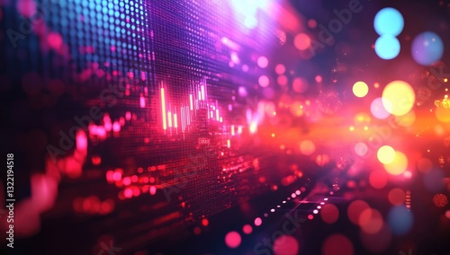 Abstract background with red and pink glowing data graph and bokeh lights. Futuristic digital concept