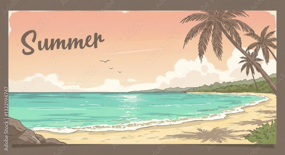 Fototapeta premium Tropical beach illustration with summer theme, relaxing mood, sunny landscape