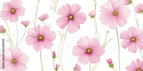 Several beautiful pink cosmos flowers and buds on white background