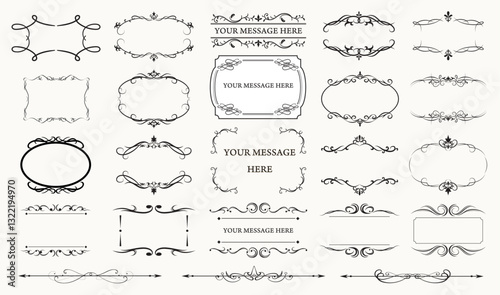 Set of vintage frames and borders.  Decorative floral ornament. Typographic design elements set. Labels and badges. Vector design..eps