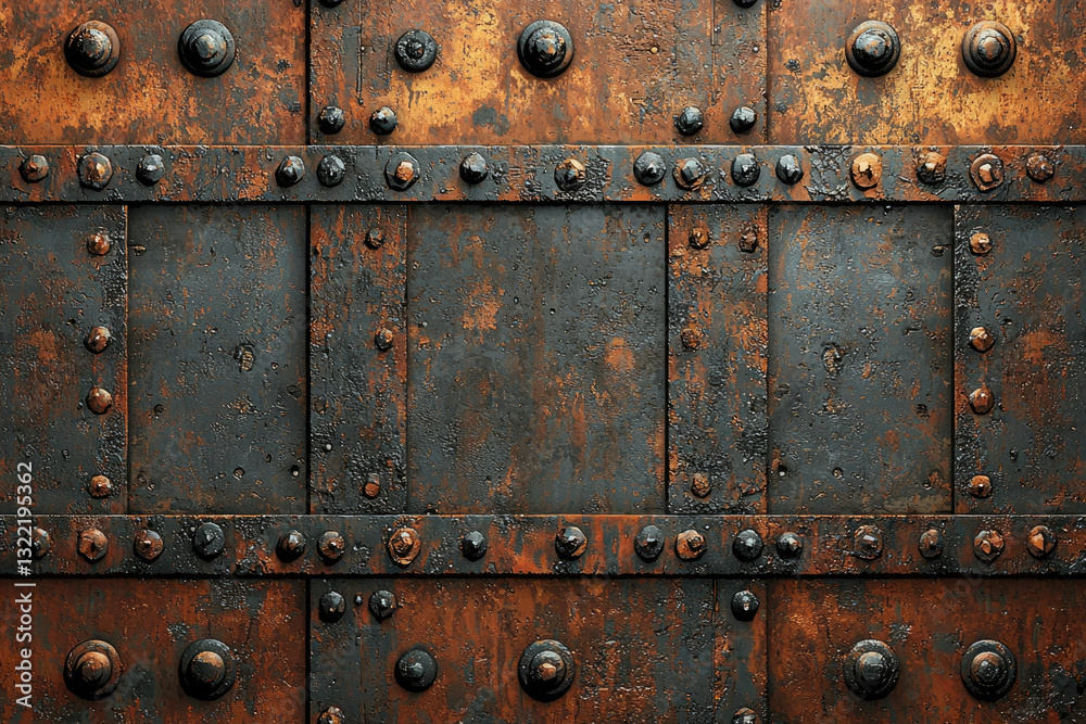 Fototapeta premium Rusty metal door with rivets, showing age and wear; a dark, textured surface.
