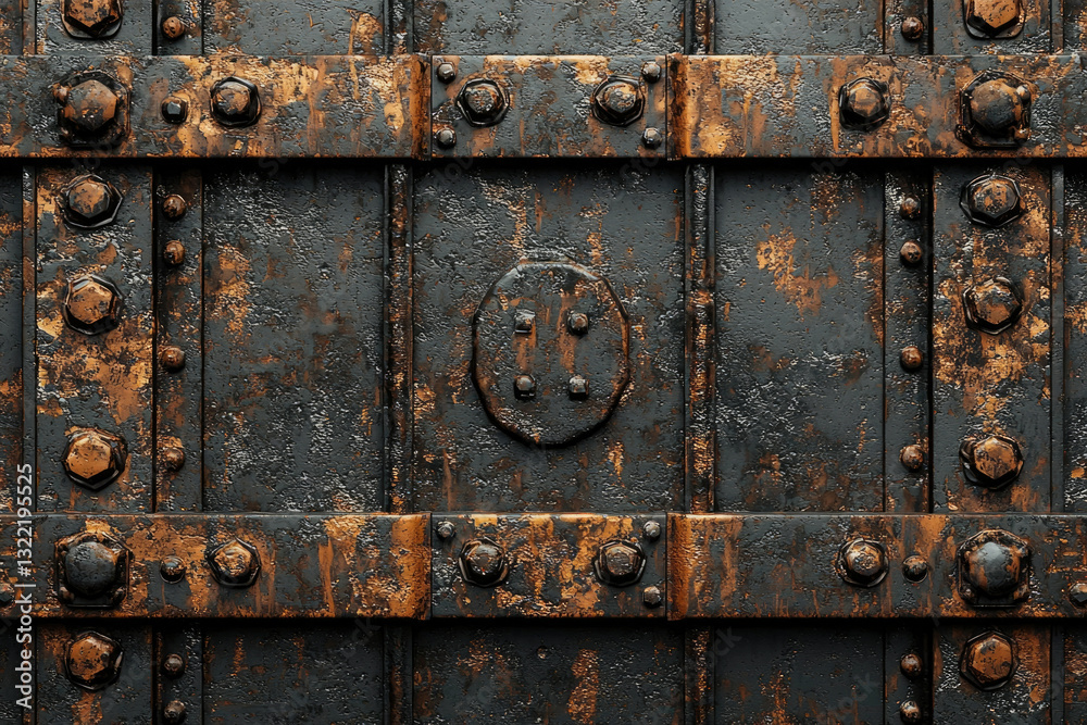 Rusty metal texture with rivets and panels, showing age and wear. Rusty metal texture with rivets and panels, showing age and wear.