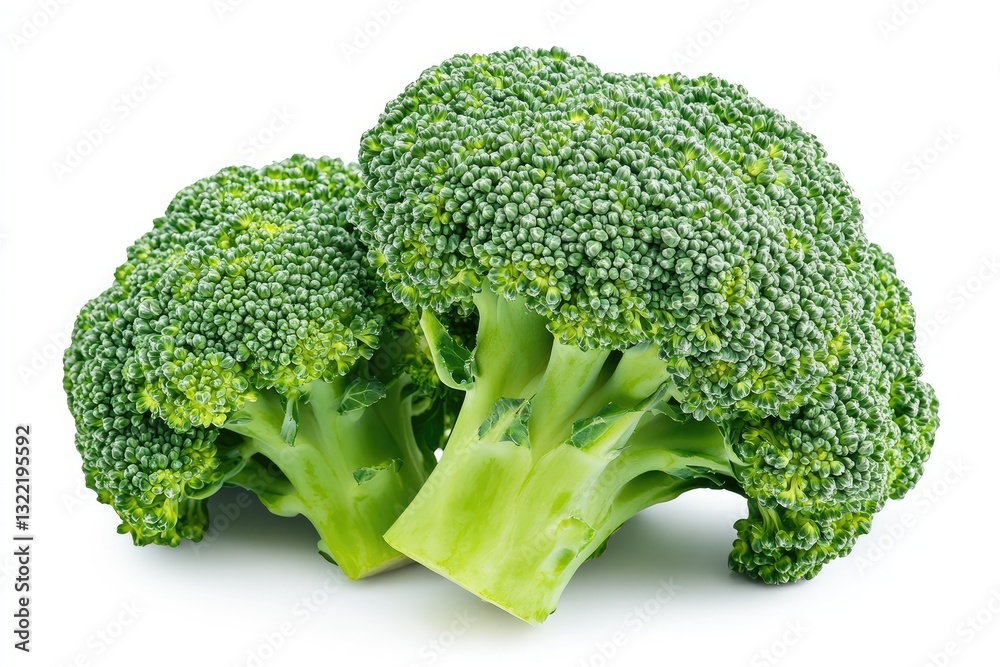 Fresh broccoli heads. Two vibrant green broccoli florets, close-up, displaying the healthy vegetable's texture Fresh broccoli heads. Two vibrant green broccoli florets, close-up, displaying the healthy vegetable's texture