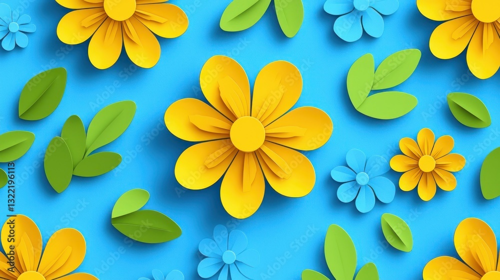 Obraz premium Floral pattern yellow and blue flowers, green leaves on light blue background