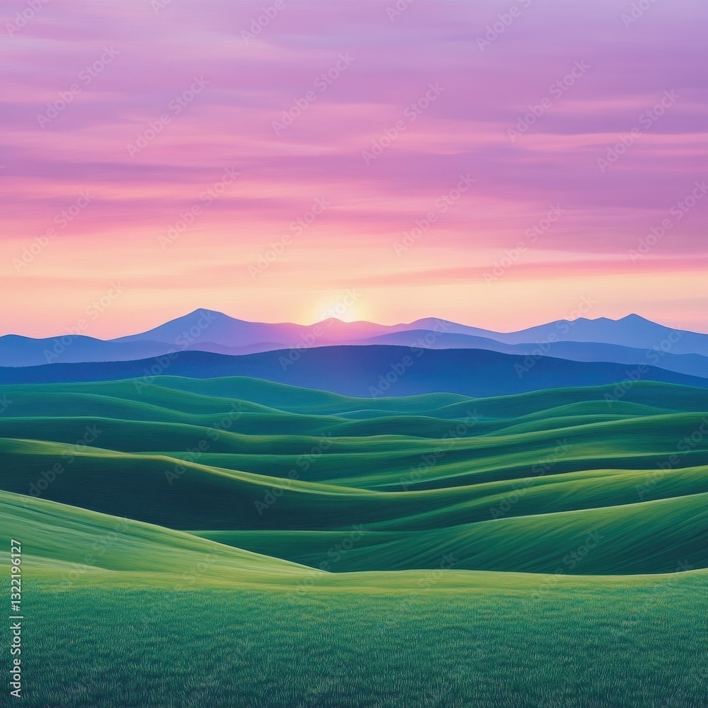 Obraz premium Serene Landscape with Rolling Hills and Colorful Sunset Sky, Tranquil Nature Scene with Vivid Clouds and Gentle Tones of Twilight Over a Peaceful Horizon