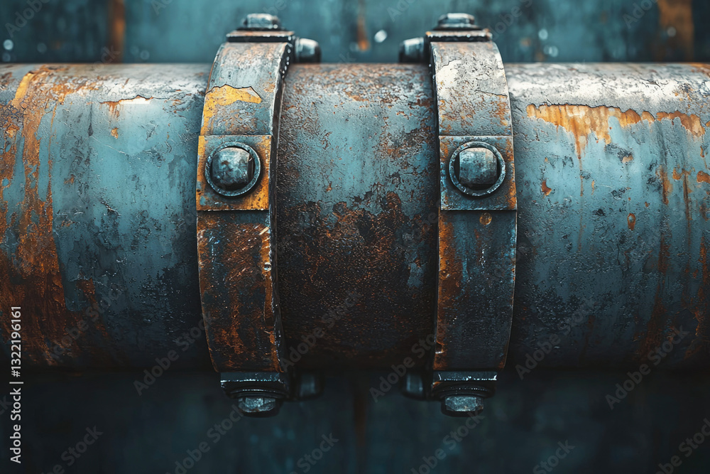 Rusty metal pipe with aged clamps and bolts, showcasing industrial texture and decay. Rusty metal pipe with aged clamps and bolts, showcasing industrial texture and decay.