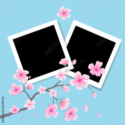 Set of photo frame mockup scrapbook realistic with shadows and sakura flowers on blue background. Spring vector illustration