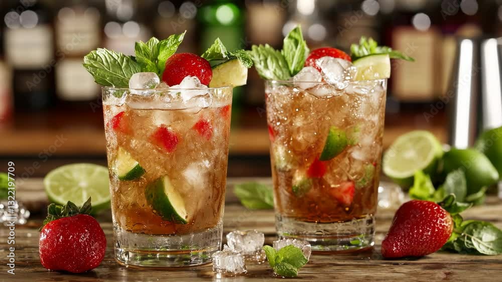 Refreshing cocktails served with fresh fruit garnish at a vibrant bar during a summer evening gathering Refreshing cocktails served with fresh fruit garnish at a vibrant bar during a summer evening gathering