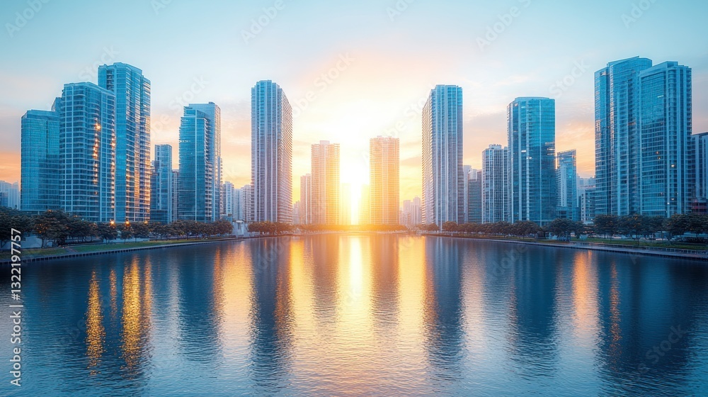Skyline view with sunset reflecting off water Skyline view with sunset reflecting off water