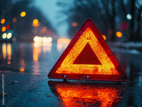 Warning sign illuminated on a rainy street at night photo