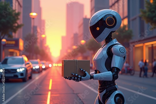 A futuristic robot delivers a package on a city street at dusk