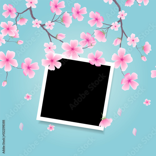 Realistic photo frame mockup styled for scrapbook, featuring shadows and backdrop of cherry blossoms. Spring-themed vector illustration with sakura flowers