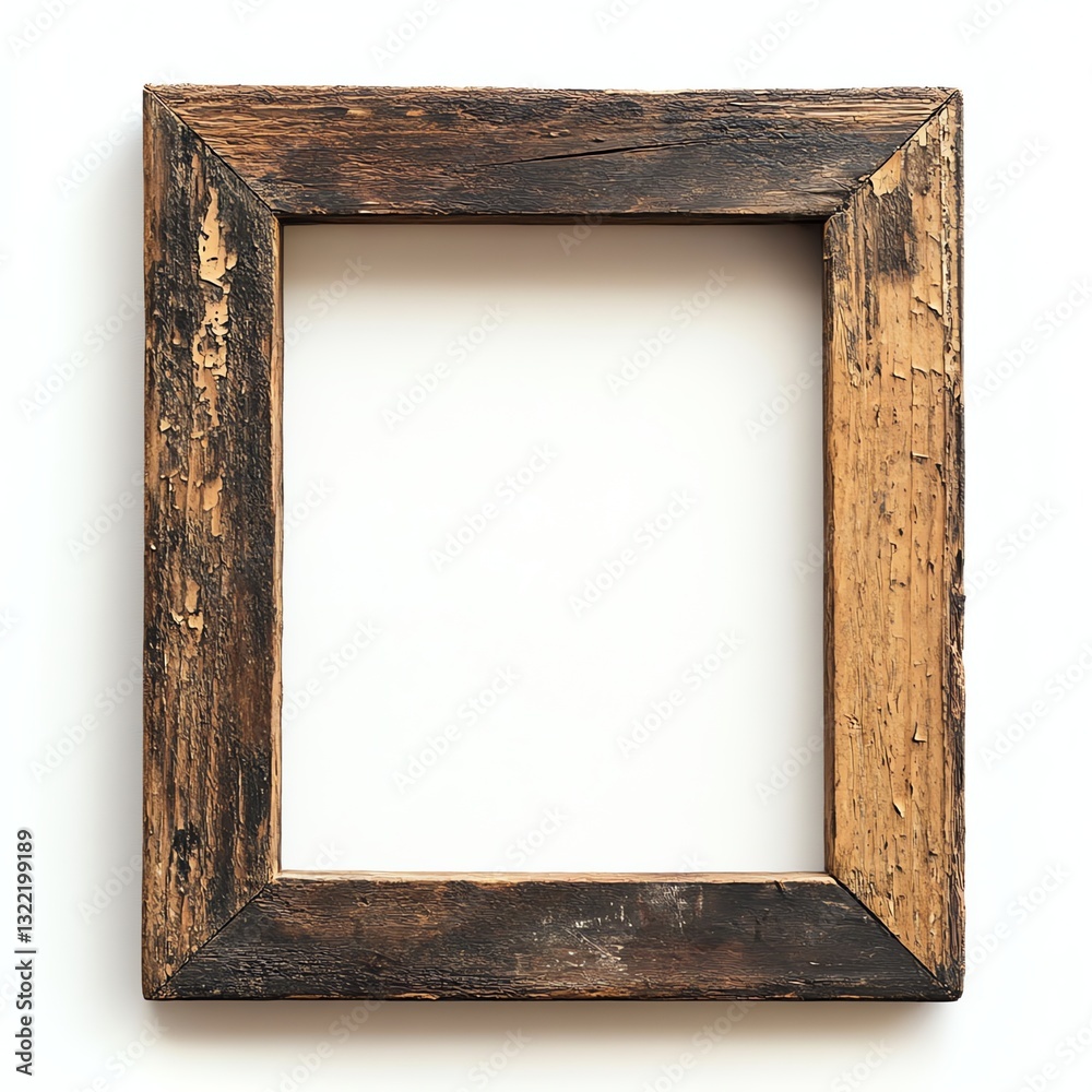 Fototapeta premium Rustic Wooden Picture Frame with Distressed Look Against White Background