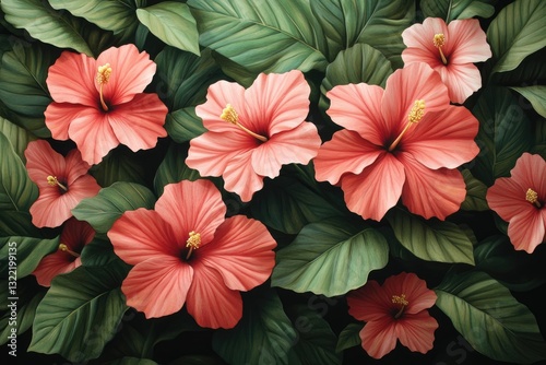 A vibrant close-up showcasing delicate coral hibiscus blossoms nestled amongst lush, dark green foliage.