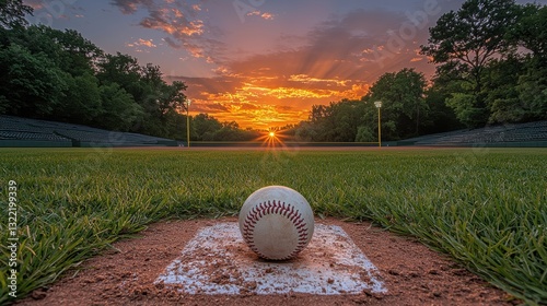 A baseball is sitting on a dirt field with a sunset in the background
