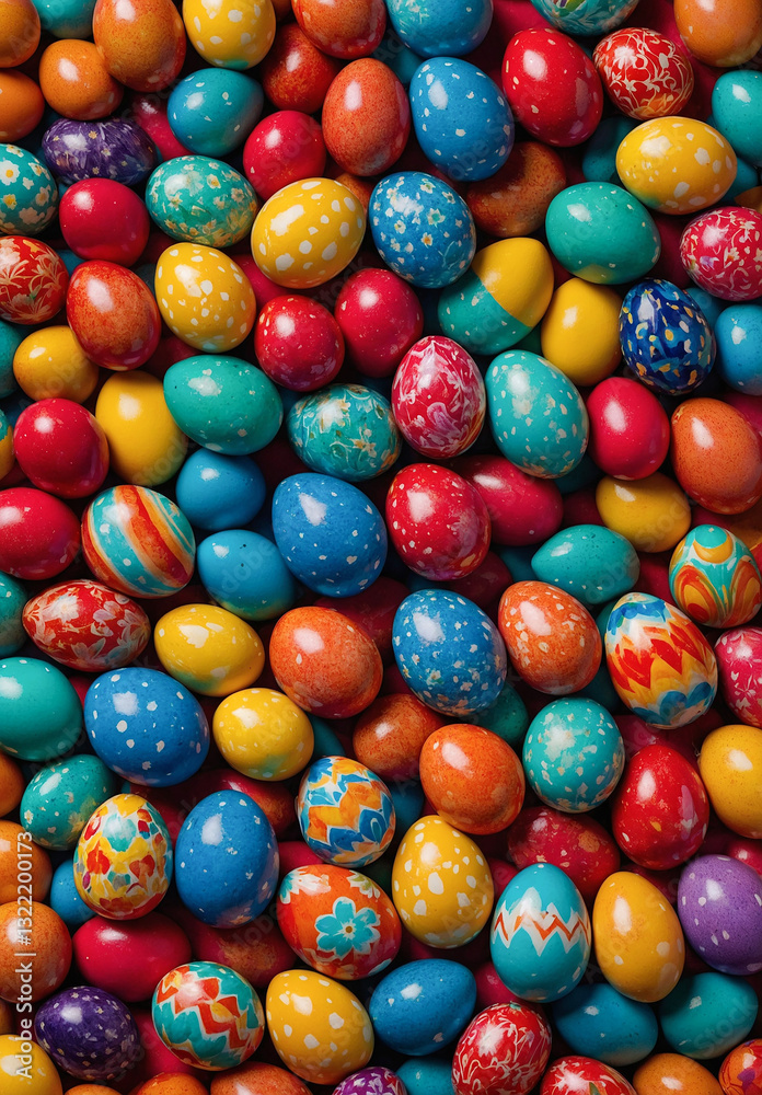 Brightly colored Easter eggs arranged in a cascading pattern down the wallpaper