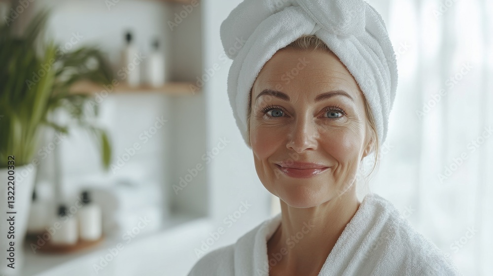 Smiling happy attractive 50s middle aged mature blond woman, old lady looking at camera advertising anti age face skin and body care treatment cosmetics posing in bathroom. Close up headshot portrait Smiling happy attractive 50s middle aged mature blond woman, old lady looking at camera advertising anti age face skin and body care treatment cosmetics posing in bathroom. Close up headshot portrait