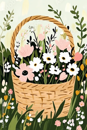 Wicker basket with flowers in soft pastel shades in gouache. Perfect for poster and postcard