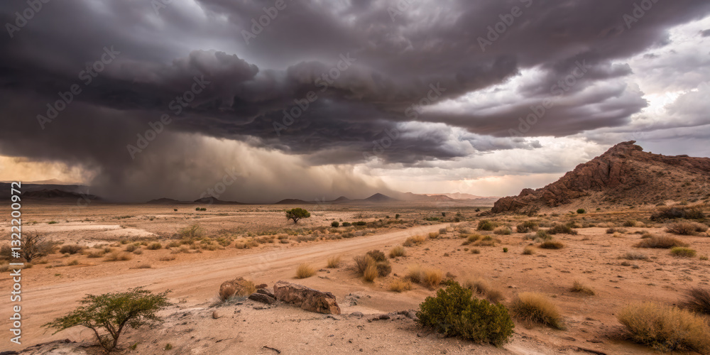 Bad weather in the desert, rain on the horizon. Concept for help is on the way and the ability to go through difficult dry times Bad weather in the desert, rain on the horizon. Concept for help is on the way and the ability to go through difficult dry times