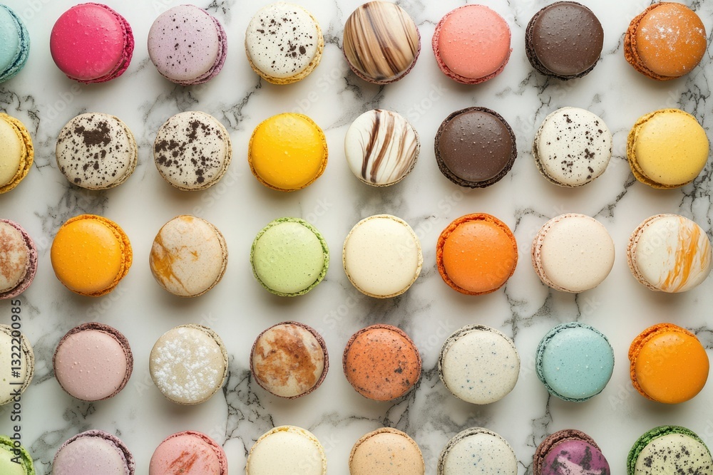 Obraz premium A delightful arrangement of colorful macarons on a marble surface.