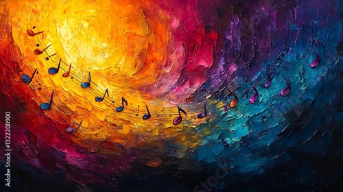 A whirlwind of musical notes in vivid hues swirling in a dynamic rhythmic pattern